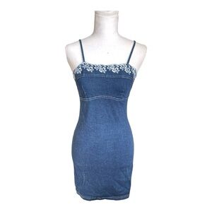 Vintage Y2k Brentwood Floral Embroidered Stretchy Denim Babydoll Mini Dress sz S